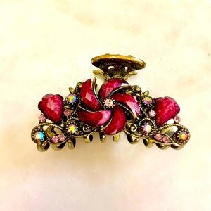 Pink enamel vintage stone hair clip. Beautiful pomegranate color. 2 1/4 inches